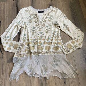 Rohit Bal Indian Designer Size Large Top Embroidered Studded Lace Trim Tunic